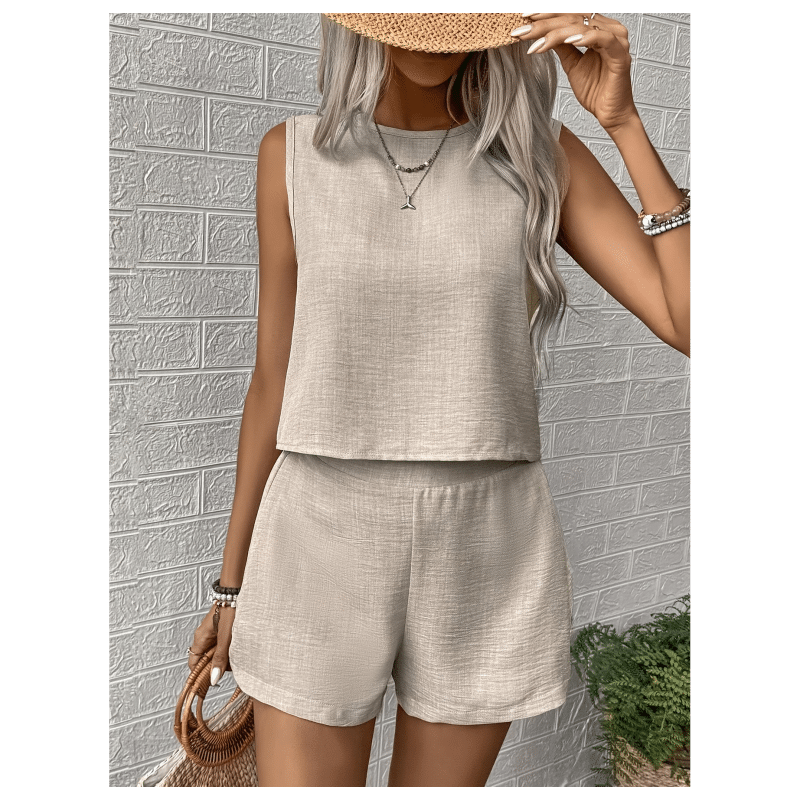 Women's solid color simple and fashionable daily casual sleeveless vest top shorts suit for women